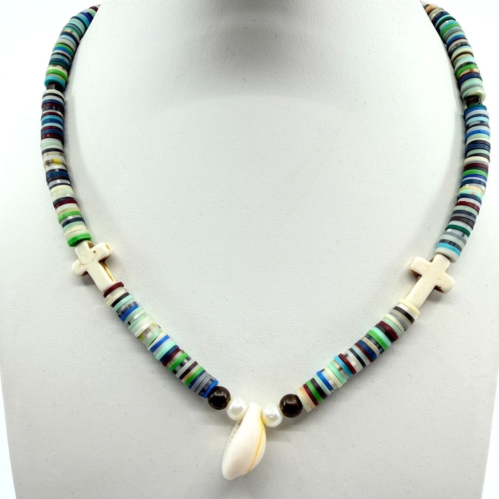 Vintage Multi Color Heishe Bead Necklace Cross Cowrie Shell Style Pendant Boho‎
